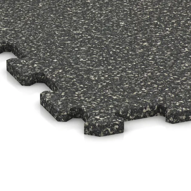 Detailaufnahme der Randausprägung von WARCO-Produkt 1096, Fitnessboden Kompakt, Format 970 x 970 x 16 mm | 0,94 m², Farbe Dunkelgrauer Granit.