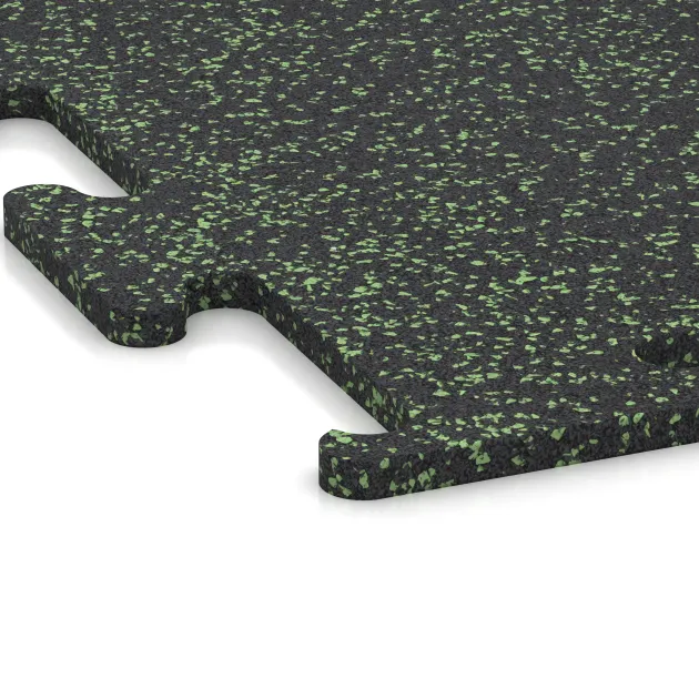 Detailaufnahme der Randausprägung von WARCO-Produkt 3759, Fitness Performance Elite Trainingsboden, Format 1000 x 1000 x 15 mm, Farbe Leicht Grün Gesprenkelt.