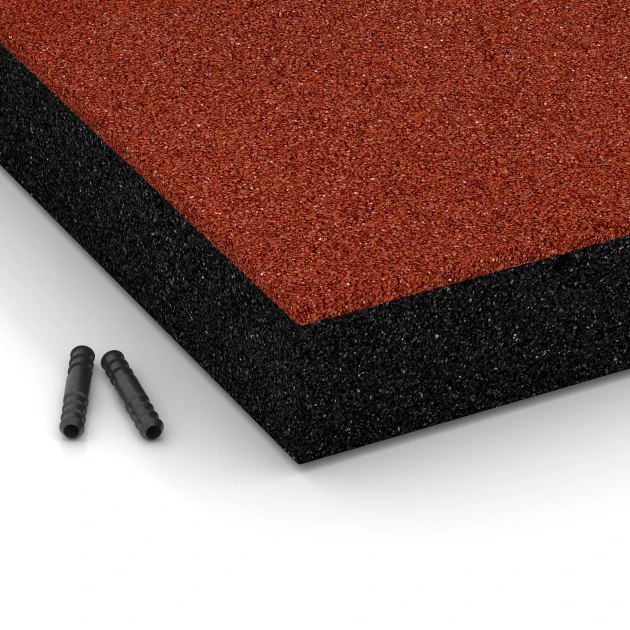 Detailaufnahme der Randausprägung von WARCO-Produkt 6205, Fallschutzplatten, Format 500 x 500 x 80 mm, Farbe Ziegelrot.