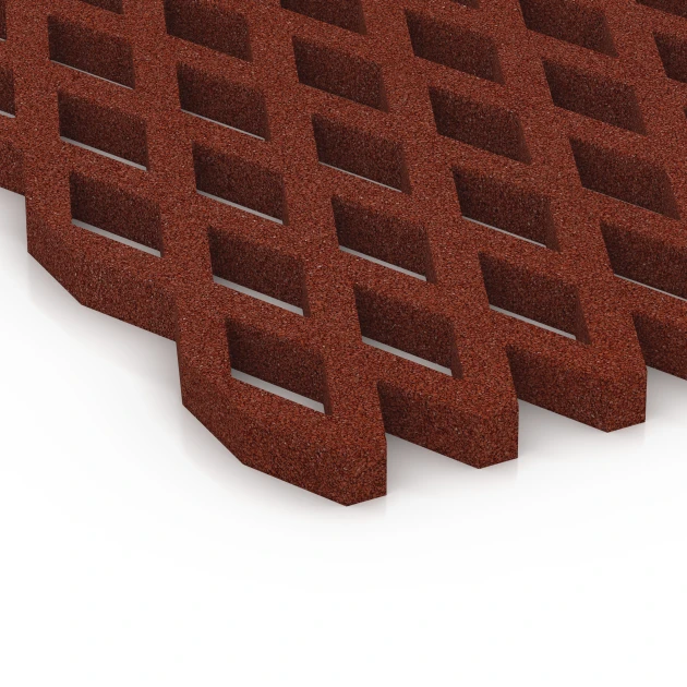 Detailaufnahme der Randausprägung von WARCO-Produkt 7010, Fallschutz-Rasengittermatte, Format 100 x 100 x 4 cm, Farbe Ziegelrot.