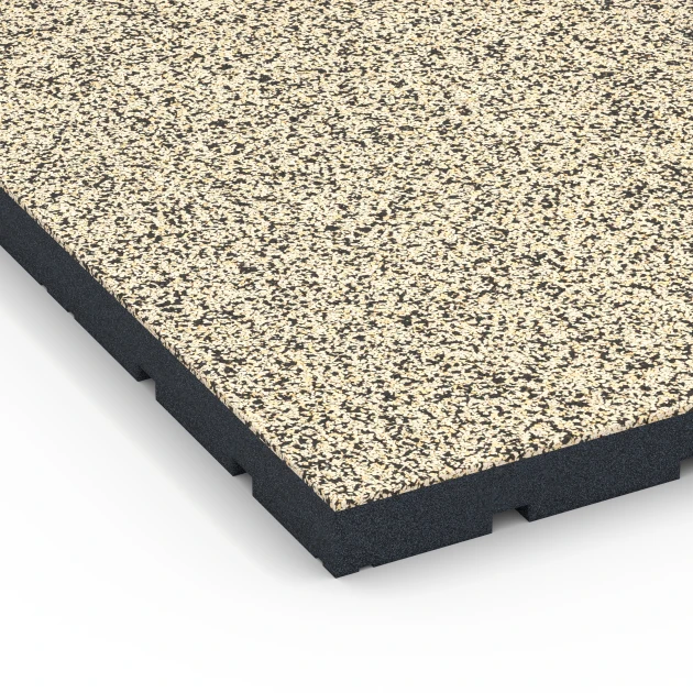 Detailaufnahme der Randausprägung von WARCO-Produkt 7147, Outdoor-Fitnessboden, Format 60 x 60 x 4 cm | 0,36 m², Farbe Travertin.
