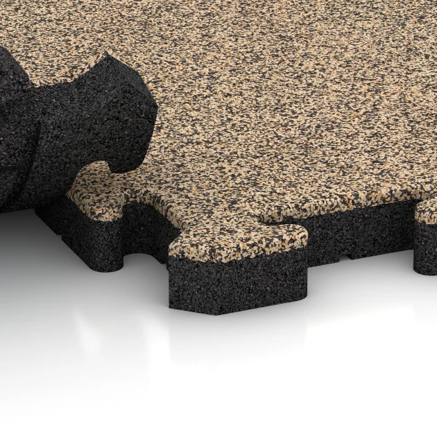 Großaufnahme vom Verbindungssystem von WARCO-Boden 2940 - Fitness-Bodenschutzmatte im Farbdesign Travertin. Abmessungen 500 x 500 x 40 mm.