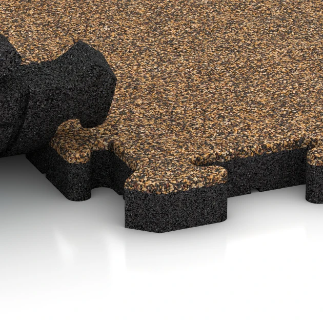 Großaufnahme vom Verbindungssystem von WARCO-Boden 2861 - Fallschutz-Puzzlematte im Farbdesign Rattan Lounge. Abmessungen 50 x 50 x 4 cm | 0,25 m².