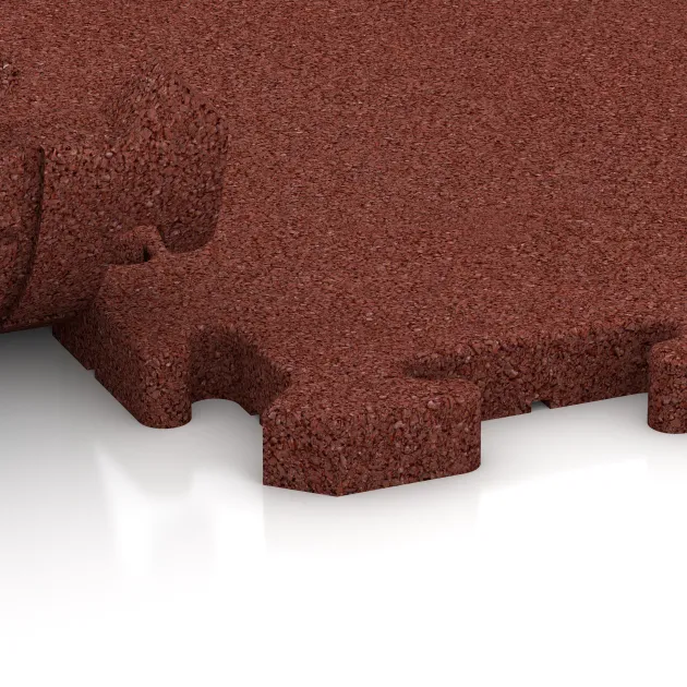 Großaufnahme vom Verbindungssystem von WARCO-Boden 2822 - Fitness-Bodenschutzmatte im Farbdesign Ziegelrot. Abmessungen 500 x 500 x 30 mm.