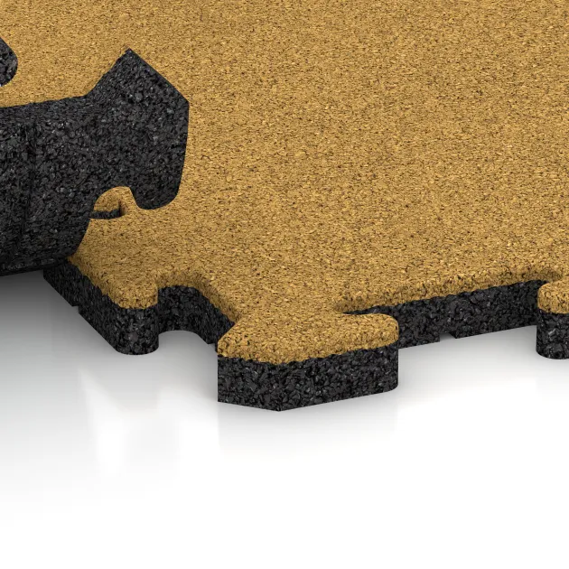 Großaufnahme vom Verbindungssystem von WARCO-Boden 6012 - Fitness-Bodenschutzmatte im Farbdesign Zitronengelb. Abmessungen 1000 x 1000 x 30 mm.