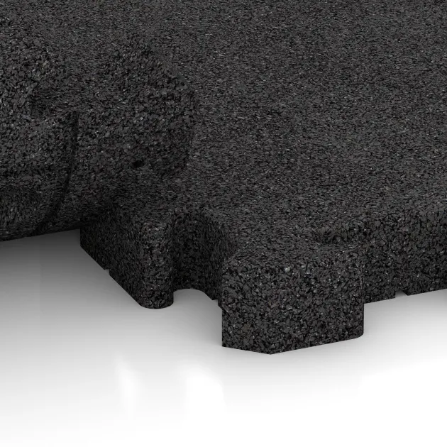 Großaufnahme vom Verbindungssystem von WARCO-Boden 4085 - Paddockmatte im Farbdesign Anthrazit. Abmessungen 500 x 500 x 50 mm.