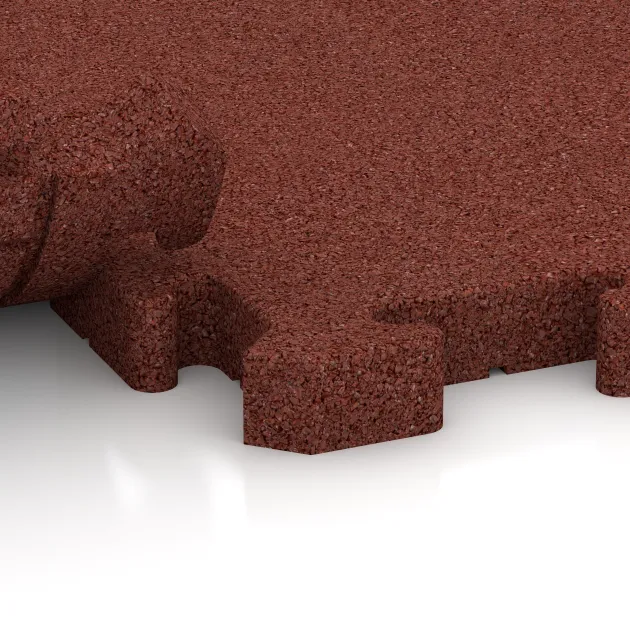 Großaufnahme vom Verbindungssystem von WARCO-Boden 5007 - Eckplatte im Farbdesign Ziegelrot. Abmessungen 235 x 235 x 40 mm.