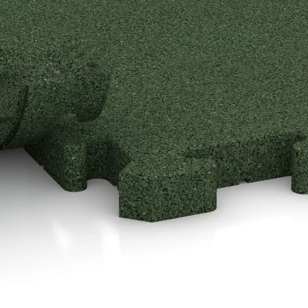 Großaufnahme vom Verbindungssystem von WARCO-Boden 5009 - Eckplatte im Farbdesign Grasgrün. Abmessungen 235 x 235 x 40 mm.