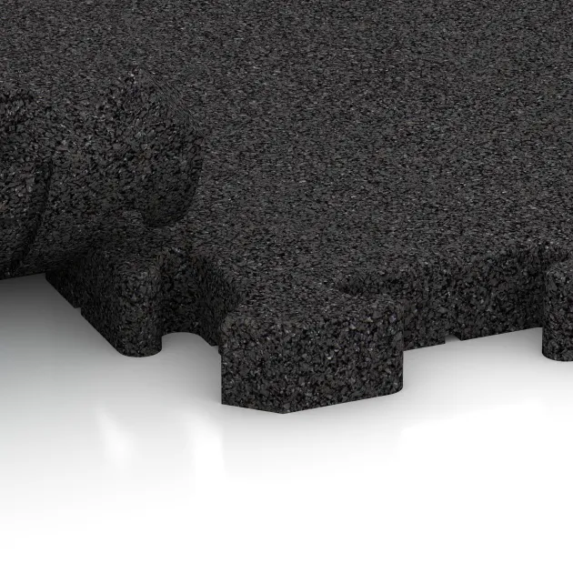 Großaufnahme vom Verbindungssystem von WARCO-Boden 5157 - Eckplatte im Farbdesign Anthrazit. Abmessungen 485 x 485 x 40 mm.