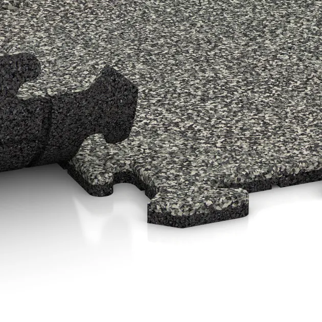 Großaufnahme vom Verbindungssystem von WARCO-Boden 4210 - Sportboden‑Platte 1,8 cm im Farbdesign Grauer Granit. Abmessungen 500 x 500 x 18 mm.