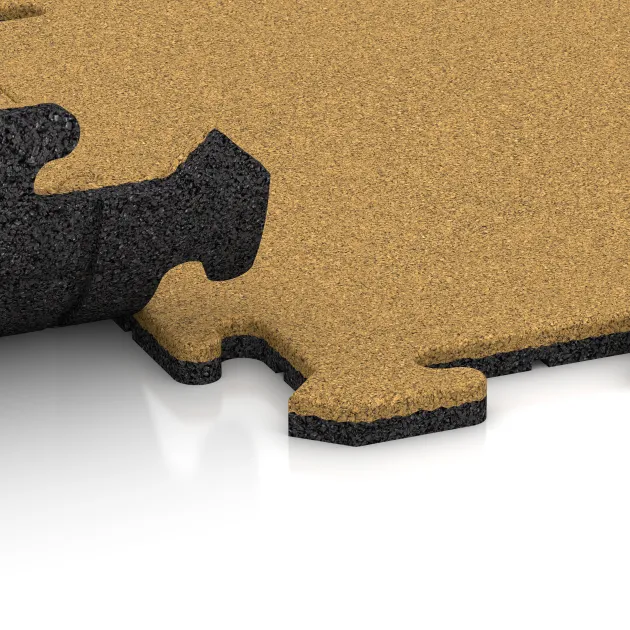 Großaufnahme vom Verbindungssystem von WARCO-Boden 6210 - Sportboden‑Platte 1,8 cm im Farbdesign Zitronengelb. Abmessungen 500 x 500 x 18 mm.