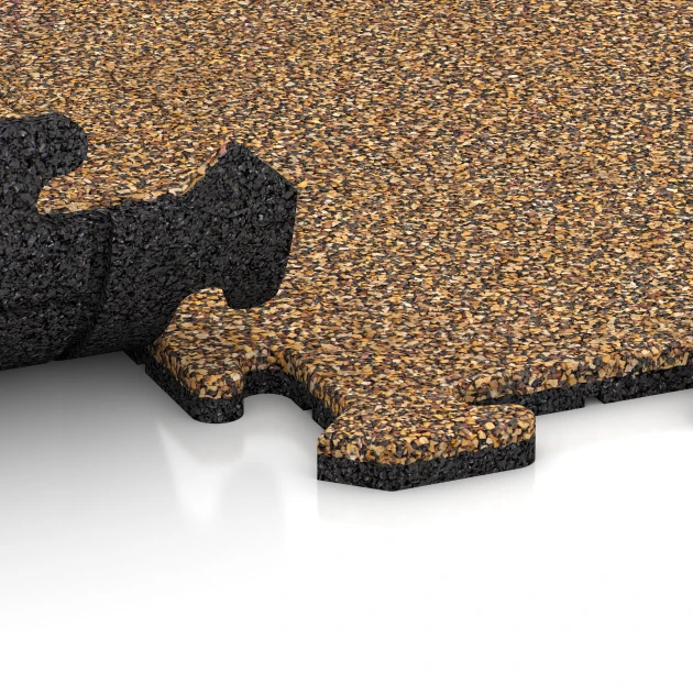 Großaufnahme vom Verbindungssystem von WARCO-Boden 0299 - Treppenbelag im Farbdesign Rattan Lounge. Abmessungen 1000 x 1000 x 18 mm.