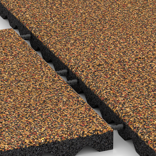 Großaufnahme vom Verbindungssystem von WARCO-Boden 5336 - Fallschutzplatte im Farbdesign Terra Cotta. Abmessungen 500 x 500 x 40 mm.