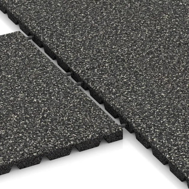 Großaufnahme vom Verbindungssystem von WARCO-Boden 5331 - Fallschutzplatte im Farbdesign Dunkelgrauer Granit. Abmessungen 500 x 500 x 30 mm.