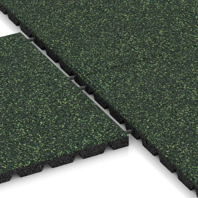 Großaufnahme vom Verbindungssystem von WARCO-Boden 5330 - Fallschutzplatte im Farbdesign Englischer Rasen. Abmessungen 500 x 500 x 30 mm.