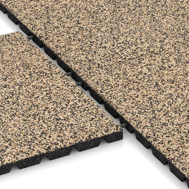 Großaufnahme vom Verbindungssystem von WARCO-Boden 5321 - Fallschutzplatte im Farbdesign Travertin. Abmessungen 500 x 500 x 30 mm.