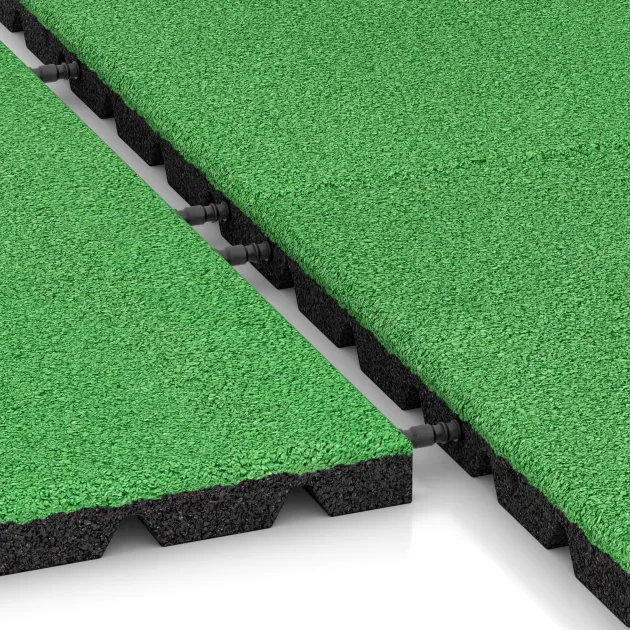 Großaufnahme vom Verbindungssystem von WARCO-Boden 0545 - Fallschutzplatte im Farbdesign Maigrün. Abmessungen 500 x 500 x 30 mm.