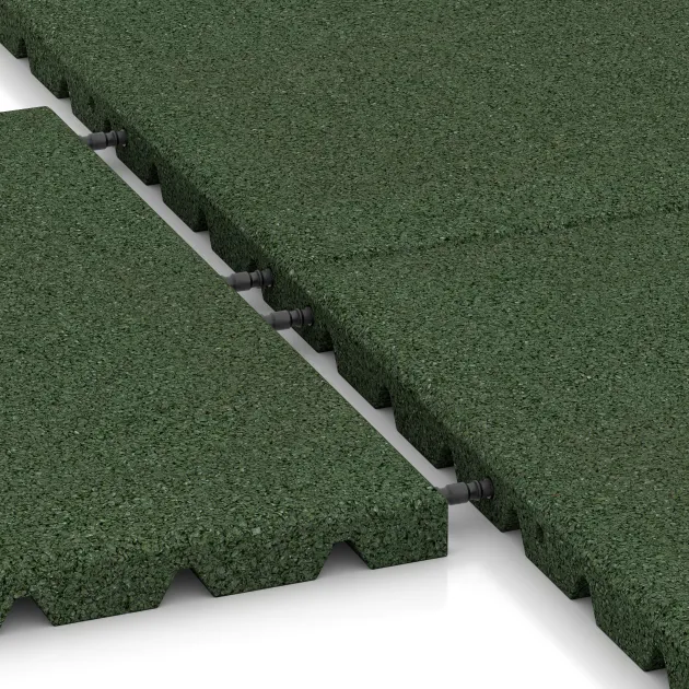 Großaufnahme vom Verbindungssystem von WARCO-Boden 0576 - Fallschutzplatte im Farbdesign Grasgrün. Abmessungen 500 x 500 x 30 mm.