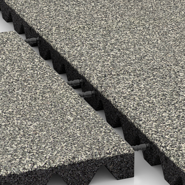 Großaufnahme vom Verbindungssystem von WARCO-Boden 0642 - Fallschutzplatte im Farbdesign Heller Granit. Abmessungen 500 x 500 x 45 mm.