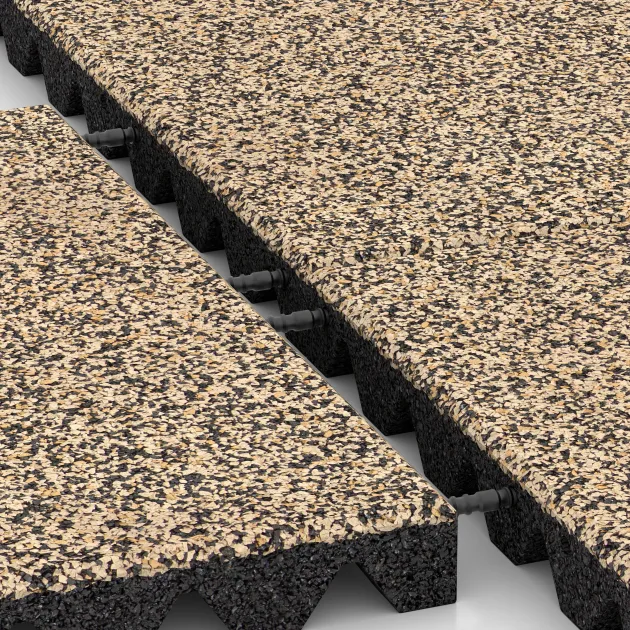Großaufnahme vom Verbindungssystem von WARCO-Boden 0648 - Fallschutzplatte im Farbdesign Travertin. Abmessungen 500 x 500 x 45 mm.