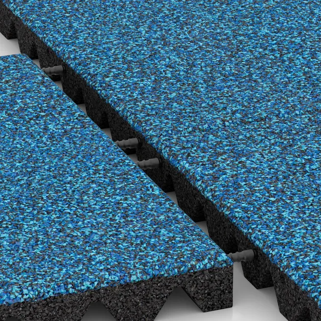 Großaufnahme vom Verbindungssystem von WARCO-Boden 0650 - Fallschutzplatte im Farbdesign Atlantik. Abmessungen 500 x 500 x 45 mm.