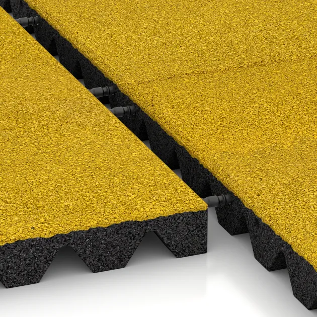 Großaufnahme vom Verbindungssystem von WARCO-Boden 0636 - Fallschutzplatte im Farbdesign Zitronengelb. Abmessungen 500 x 500 x 45 mm.