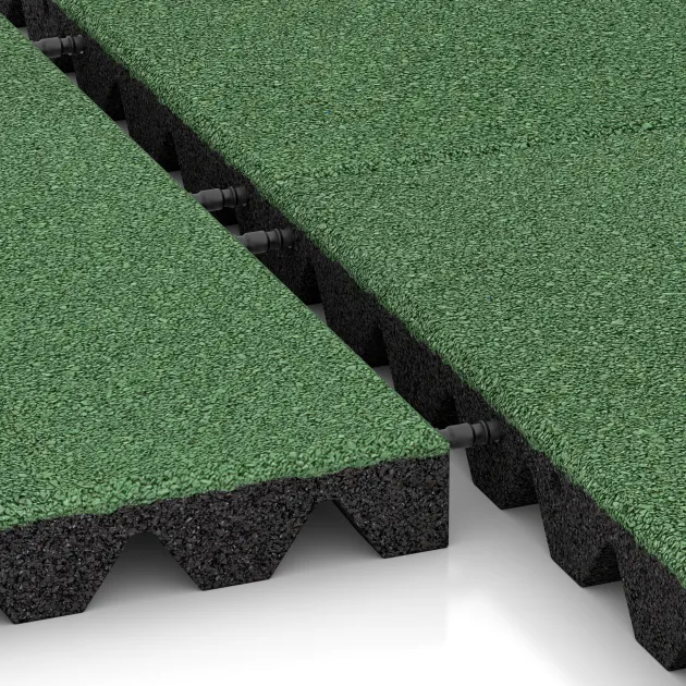 Großaufnahme vom Verbindungssystem von WARCO-Boden 0637 - Fallschutzplatte im Farbdesign Blassgrün. Abmessungen 500 x 500 x 45 mm.