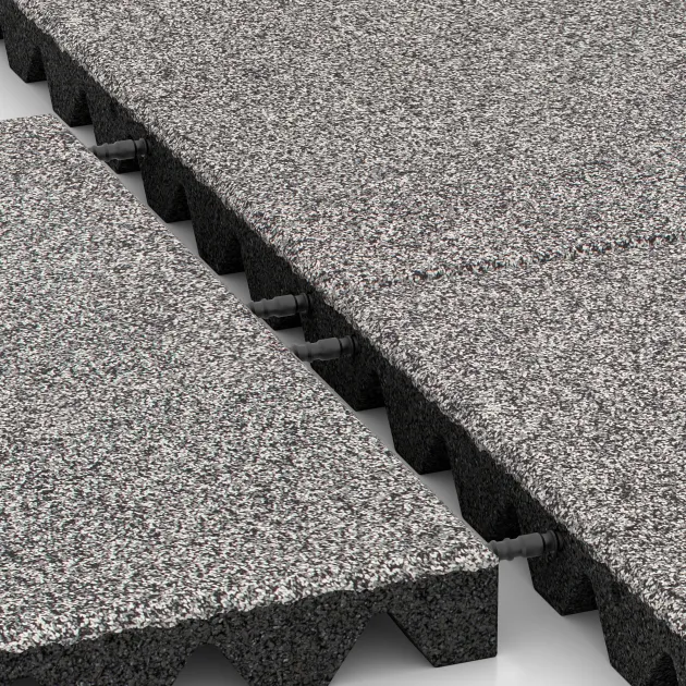 Großaufnahme vom Verbindungssystem von WARCO-Boden 4475 - Fallschutzplatte im Farbdesign Grau Melange. Abmessungen 500 x 500 x 45 mm.