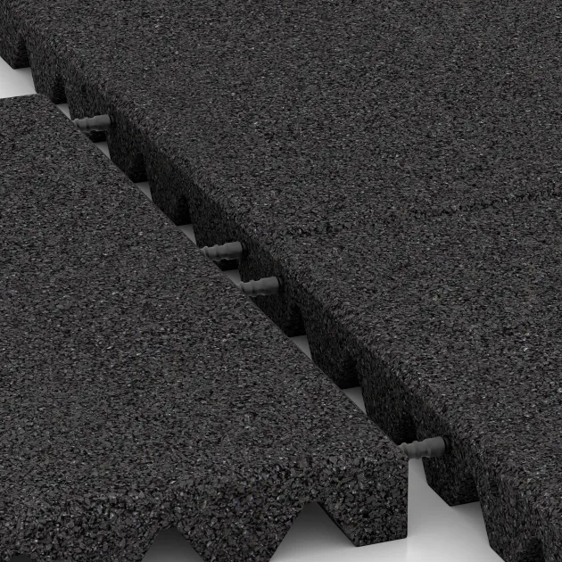 Großaufnahme vom Verbindungssystem von WARCO-Boden 0660 - Fallschutzplatte im Farbdesign Anthrazit. Abmessungen 500 x 500 x 45 mm.