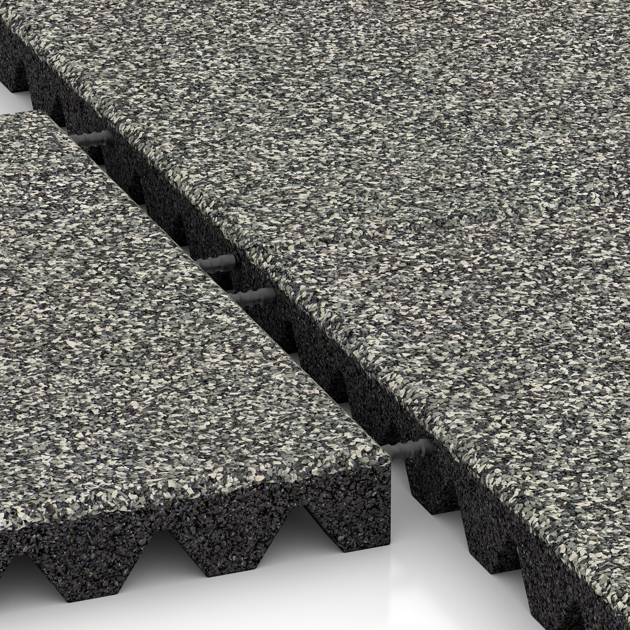 Großaufnahme vom Verbindungssystem von WARCO-Boden 5356 - Fallschutzplatte im Farbdesign Grauer Granit. Abmessungen 500 x 500 x 50 mm.