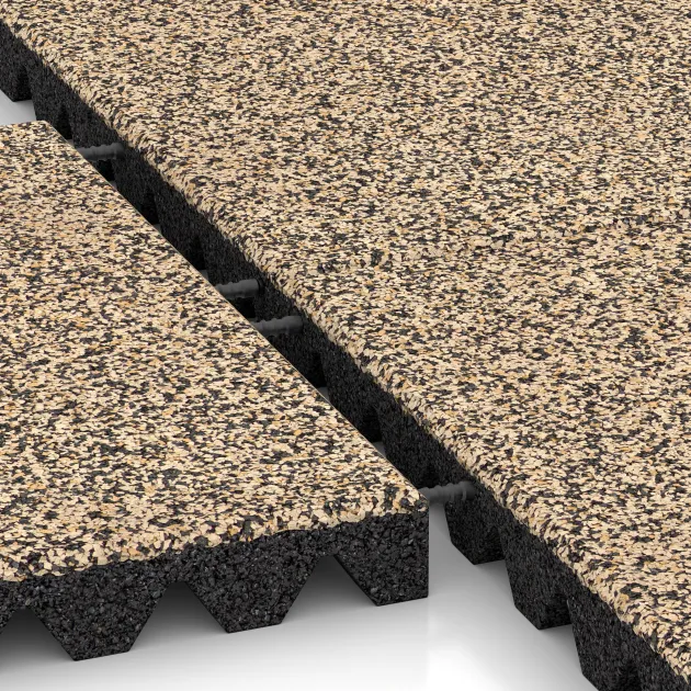 Großaufnahme vom Verbindungssystem von WARCO-Boden 5349 - Fallschutzplatte im Farbdesign Travertin. Abmessungen 500 x 500 x 50 mm.