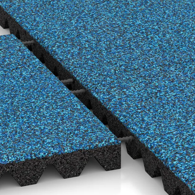 Großaufnahme vom Verbindungssystem von WARCO-Boden 5361 - Fallschutzplatte im Farbdesign Atlantik. Abmessungen 500 x 500 x 50 mm.