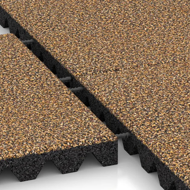 Großaufnahme vom Verbindungssystem von WARCO-Boden 5353 - Fallschutzplatte im Farbdesign Rattan Lounge. Abmessungen 500 x 500 x 50 mm.