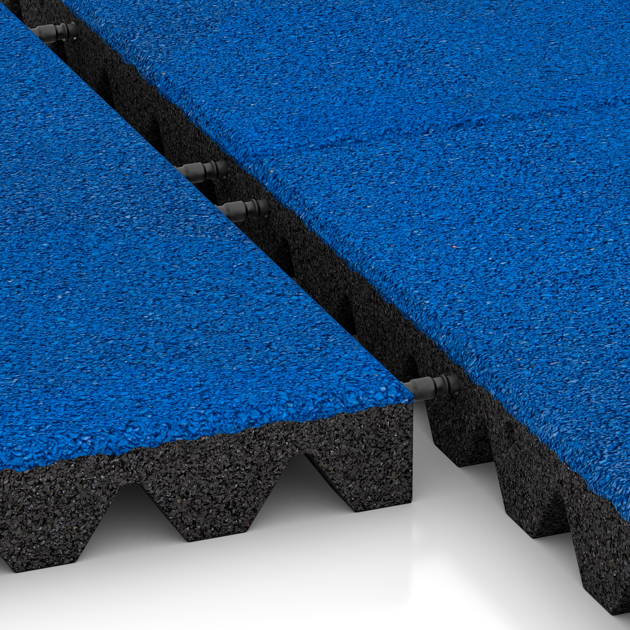 Großaufnahme vom Verbindungssystem von WARCO-Boden 0679 - Fallschutzplatte im Farbdesign Enzianblau. Abmessungen 500 x 500 x 50 mm.