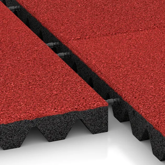 Großaufnahme vom Verbindungssystem von WARCO-Boden 0689 - Fallschutzplatte im Farbdesign Rose. Abmessungen 500 x 500 x 50 mm.