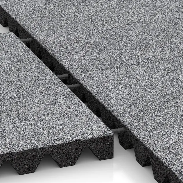 Großaufnahme vom Verbindungssystem von WARCO-Boden 5362 - Fallschutzplatte im Farbdesign Grau Melange. Abmessungen 500 x 500 x 50 mm.