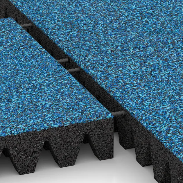 Großaufnahme vom Verbindungssystem von WARCO-Boden 5375 - Fallschutzplatte im Farbdesign Atlantik. Abmessungen 500 x 500 x 80 mm.