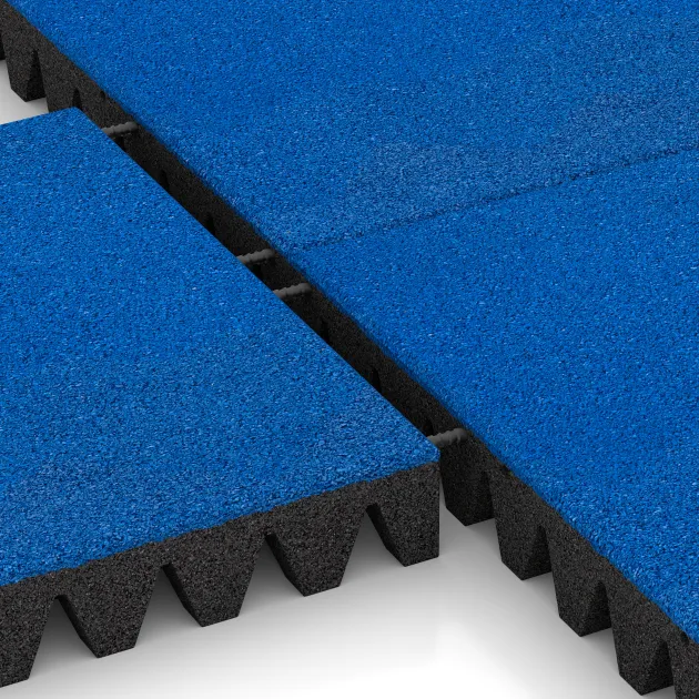 Großaufnahme vom Verbindungssystem von WARCO-Boden 0715 - Fallschutzplatte im Farbdesign Enzianblau. Abmessungen 500 x 500 x 80 mm.