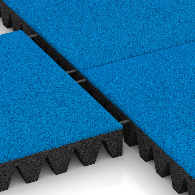 Großaufnahme vom Verbindungssystem von WARCO-Boden 0717 - Fallschutzplatte im Farbdesign Himmelblau. Abmessungen 500 x 500 x 80 mm.