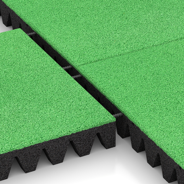 Großaufnahme vom Verbindungssystem von WARCO-Boden 0721 - Fallschutzplatte im Farbdesign Maigrün. Abmessungen 500 x 500 x 80 mm.