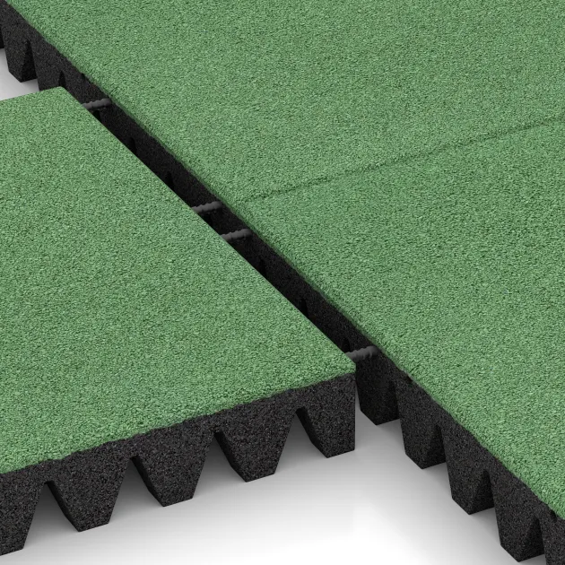 Großaufnahme vom Verbindungssystem von WARCO-Boden 0723 - Fallschutzplatte im Farbdesign Blassgrün. Abmessungen 500 x 500 x 80 mm.