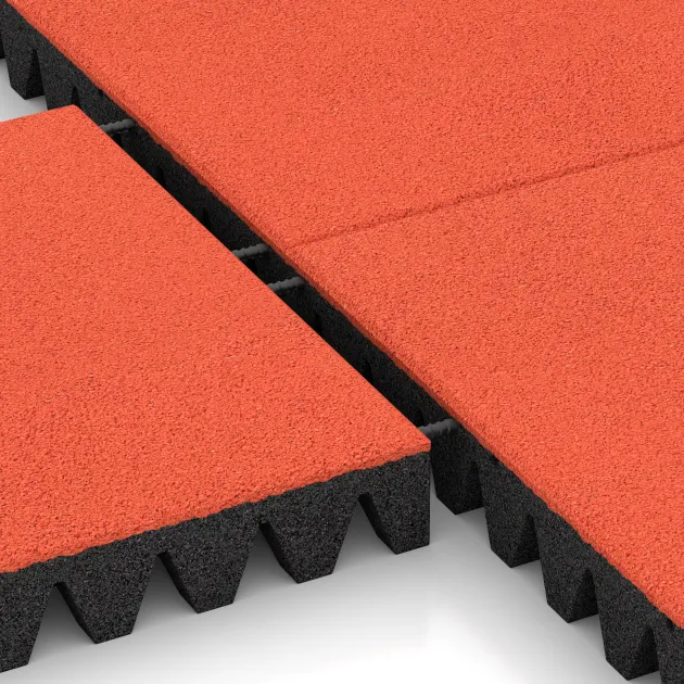 Großaufnahme vom Verbindungssystem von WARCO-Boden 0724 - Fallschutzplatte im Farbdesign Hellrot-Orange. Abmessungen 500 x 500 x 80 mm.