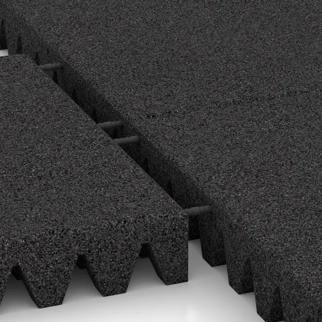 Großaufnahme vom Verbindungssystem von WARCO-Boden 0726 - Fallschutzplatte im Farbdesign Anthrazit. Abmessungen 500 x 500 x 80 mm.