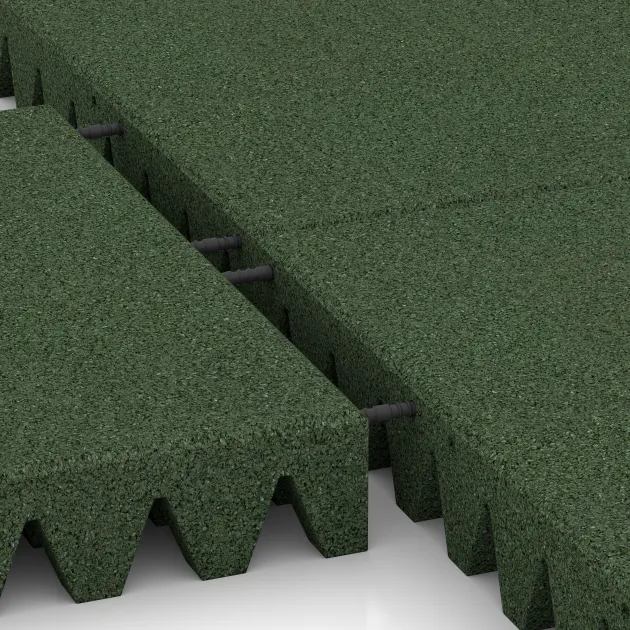 Großaufnahme vom Verbindungssystem von WARCO-Boden 0728 - Fallschutzplatte im Farbdesign Grasgrün. Abmessungen 500 x 500 x 80 mm.