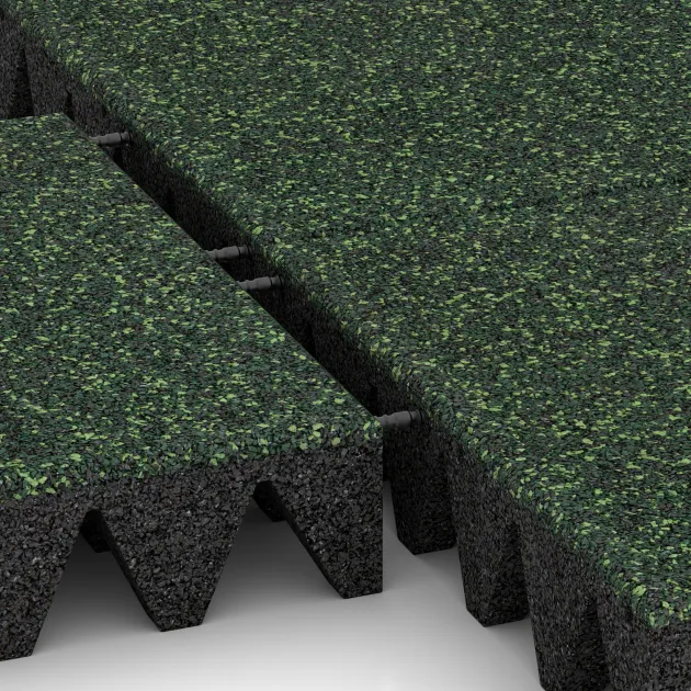 Großaufnahme vom Verbindungssystem von WARCO-Boden 3709 - Fallschutzplatte im Farbdesign Englischer Rasen. Abmessungen 500 x 500 x 100 mm.