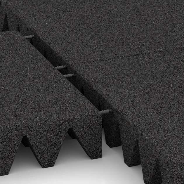 Großaufnahme vom Verbindungssystem von WARCO-Boden 0744 - Fallschutzplatte im Farbdesign Anthrazit. Abmessungen 500 x 500 x 100 mm.