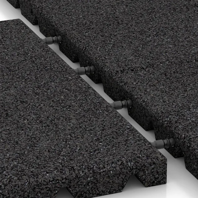 Großaufnahme vom Verbindungssystem von WARCO-Boden 0514 - Terrassenfliese 3 cm im Farbdesign Anthrazit. Abmessungen 400 x 400 x 30 mm.