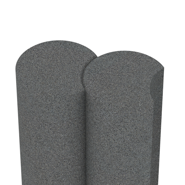 Großaufnahme vom Verbindungssystem von WARCO-Boden 2565 - Gummi-Palisade im Farbdesign Schiefergrau. Abmessungen ø250 x 800 mm.