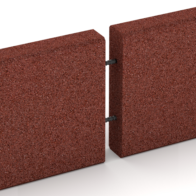 Großaufnahme vom Verbindungssystem von WARCO-Boden 2591 - Gummi-Randstein im Farbdesign Ziegelrot. Abmessungen 1000 x 50 x 250 mm.