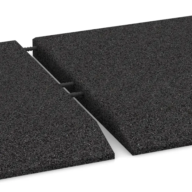 Großaufnahme vom Verbindungssystem von WARCO-Boden 0431 - Rand-Platte (eine Seite abgeschrägt) im Farbdesign Anthrazit. Abmessungen 500 x 500 x 40 mm.